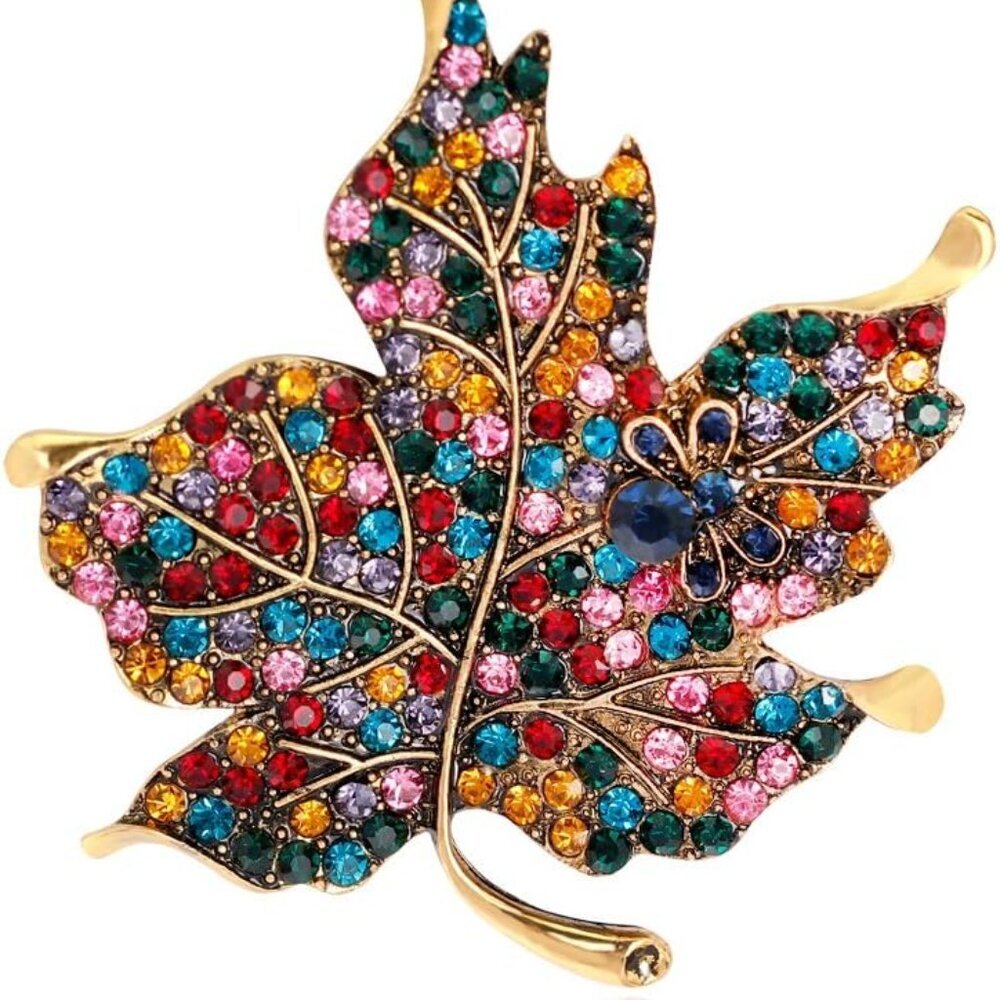 Womens Color Diamond Rhinestone Maple Leaf Brooch Pin
